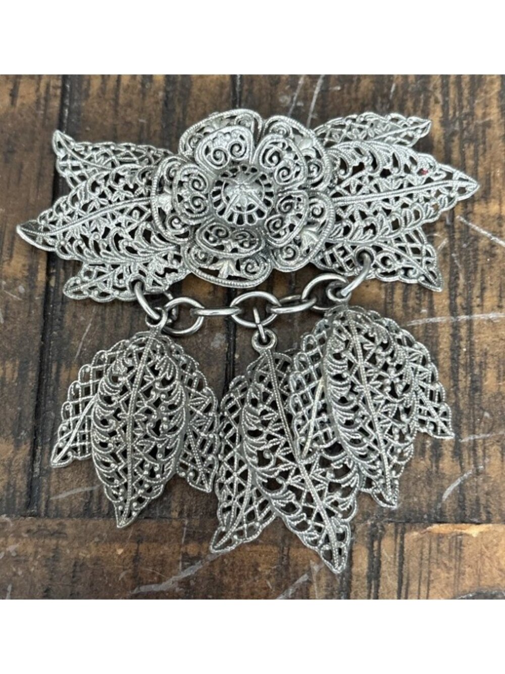 Vintage Art Deco Leaf Charm Brooch Tree Branch Festoon Filigree Dangles Pin 3"